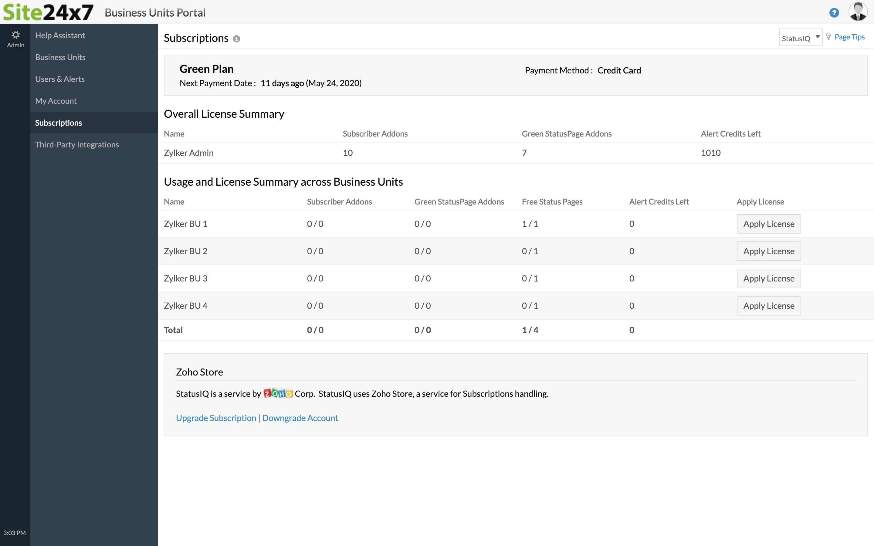 View statusiq subscription summary for your bu account